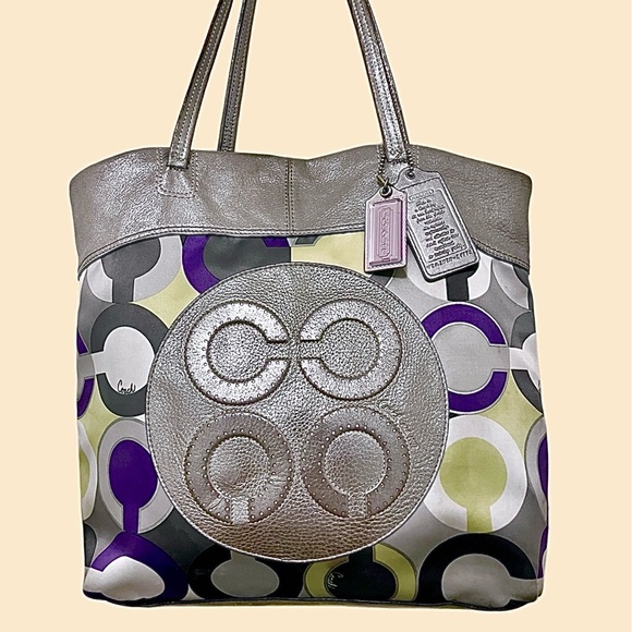 Coach Handbags - Coach Y2K OP Art Julia Purple, Yellow & Grey & Silver Leather Tote Shoulder Bag